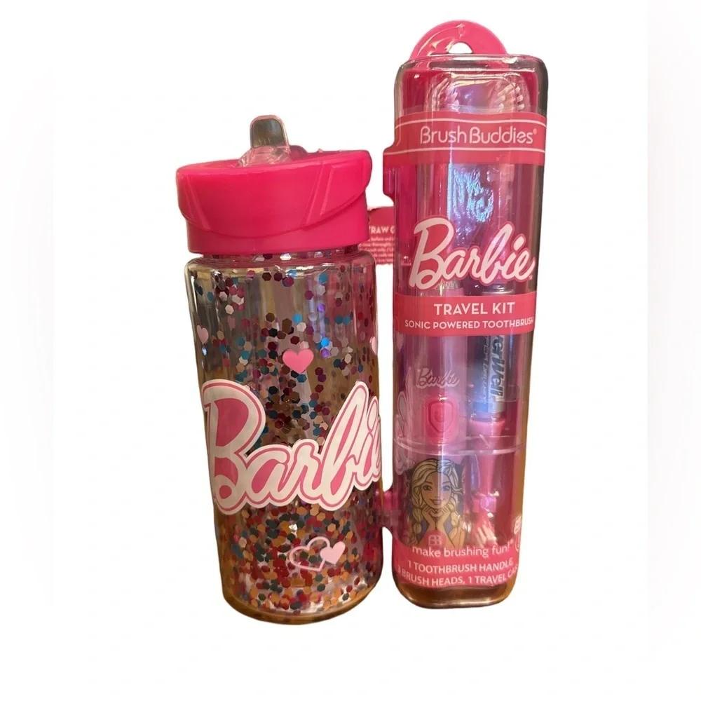 Barbie Pink Glitter Water Bottle and Travel Kit case and toothbrush with 3 head
